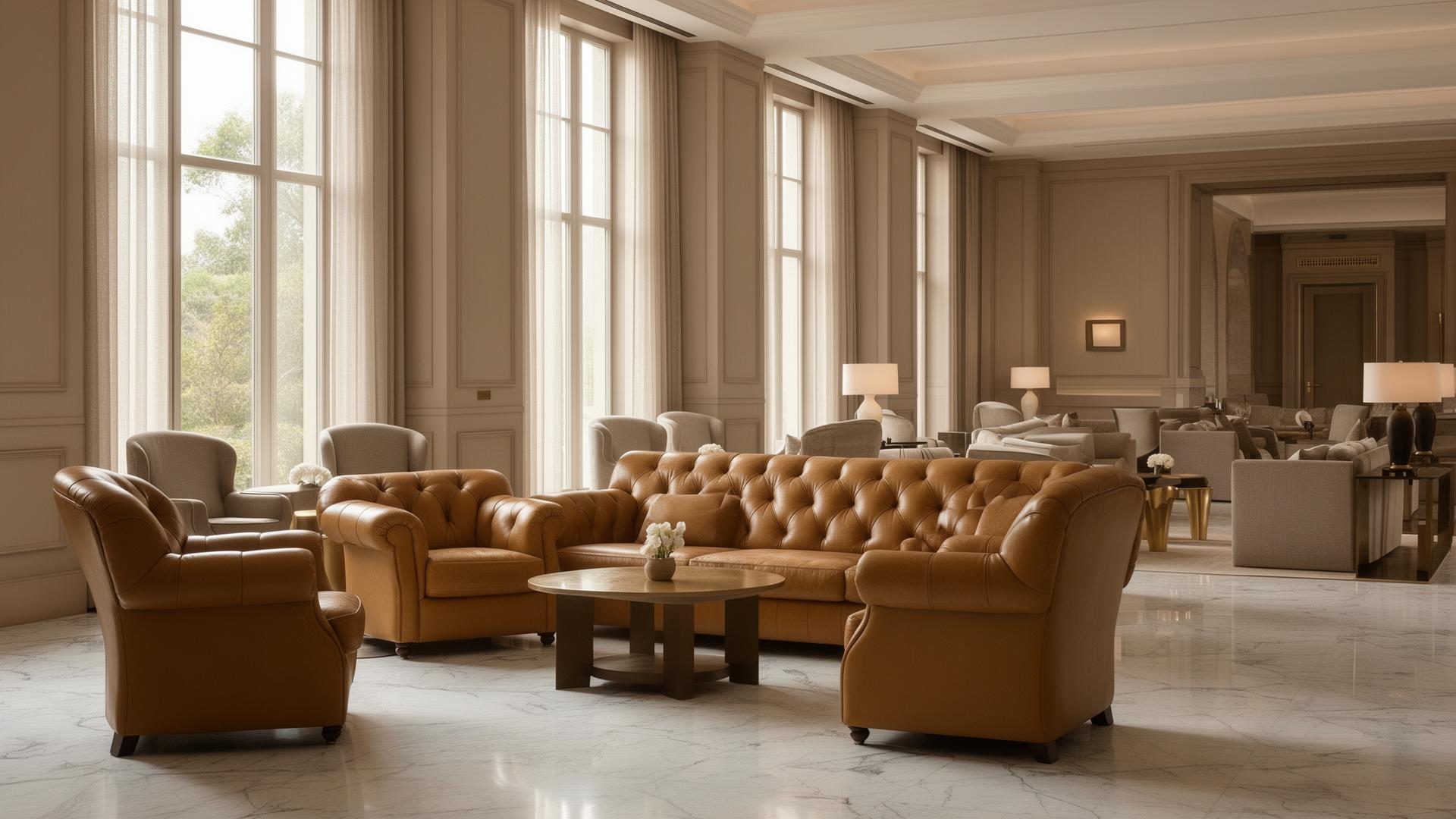 Luxury hotel lounge with restored leather furniture